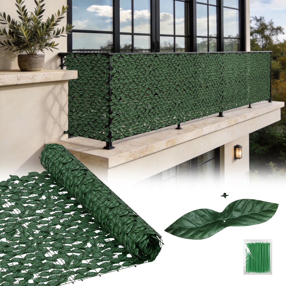 Froadp 100x300cm Kunstklimop privacyscherm, PE-bladeren kunnen worden bevestigd, privacyscherm voor balkon inclusief 1 set kabelbinders, groenblijvend, uitbreidbaar tuinscherm, weerbestendig privacyscherm met klimopbladeren