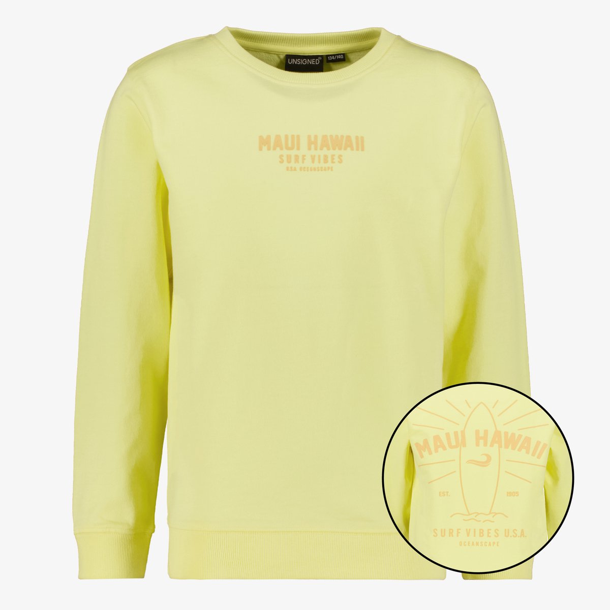 Unsigned jongens sweater met backprint geel - Maat 158/164