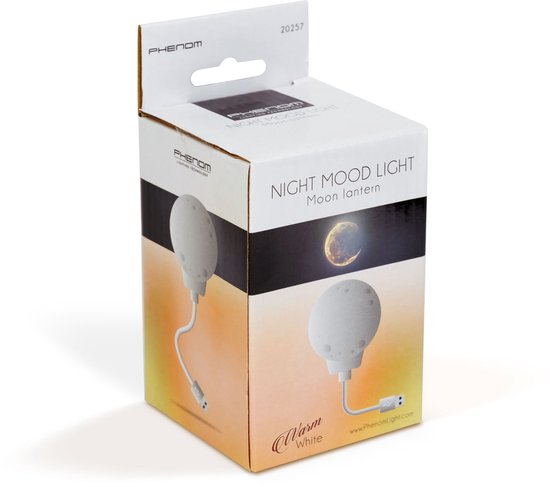 Nacht Sfeerlamp - Maanlantaarn - Warm Wit LED - USB Voeding - 3D Geprinte Maanstructuur - Ø65 mm - Voor Slaapkamer, Woonkamer of Hal - Decoratief en Functioneel [20257] van PHENOM LIGHTING TECHNOLOGY — afbeelding 2