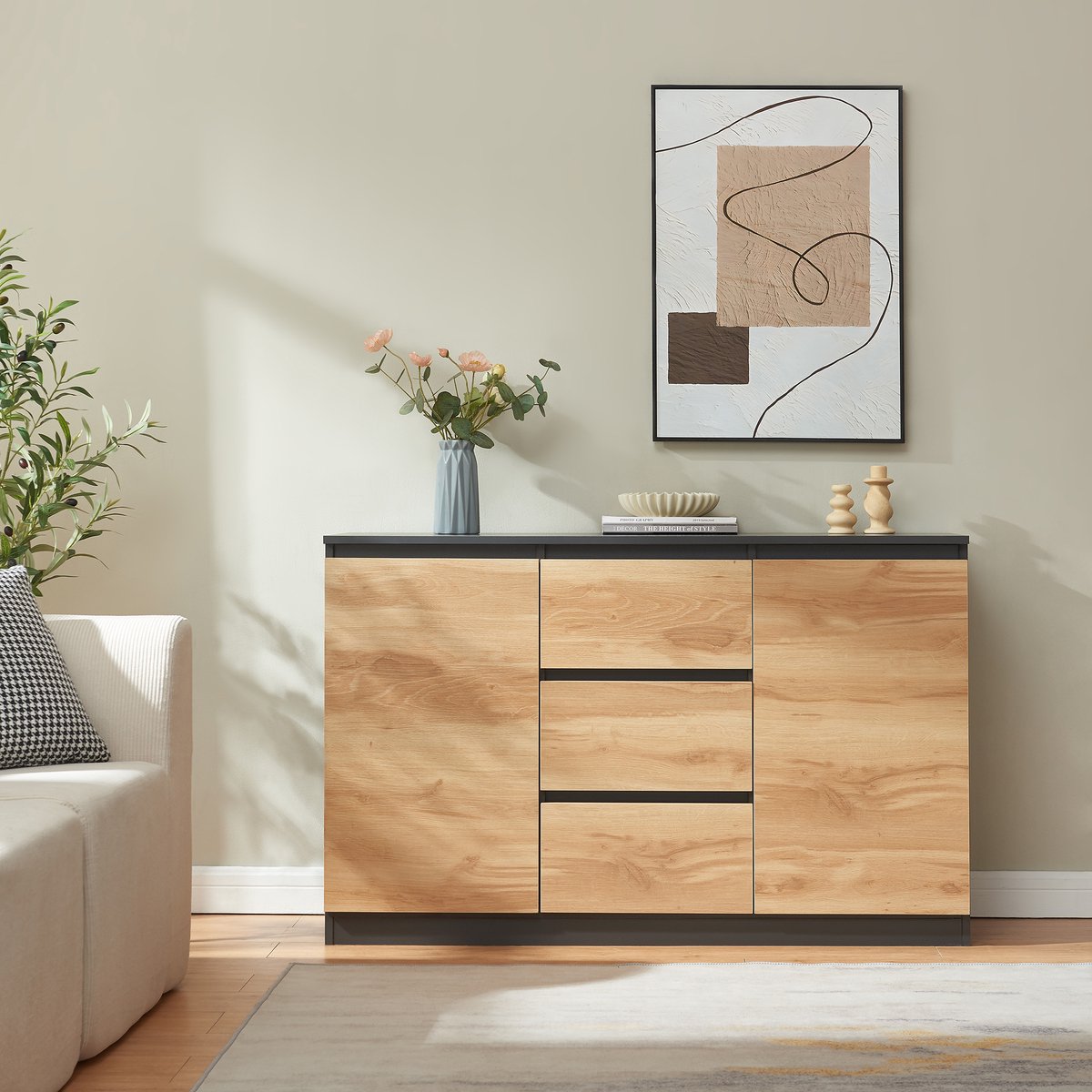 Commode Kyr met 120x40x75 cm zwart en eikenkleurig [en.casa]