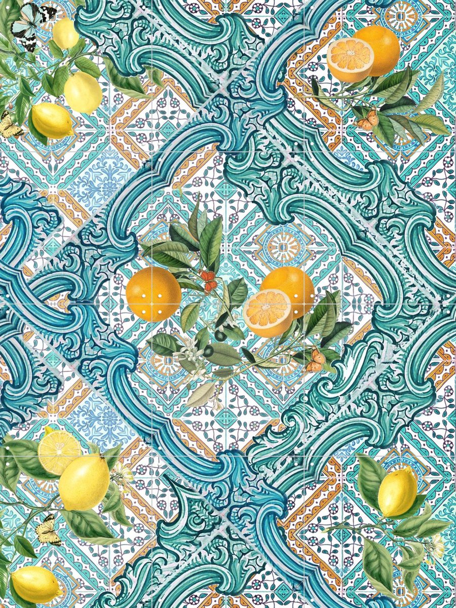 IXXI Mediterranean tiles and citrus fruit teal IIII, Bloomery Decor - 60 x 80 cm - Gratis ophangtool - Grote wanddecoratie en posters - Kleurrijk