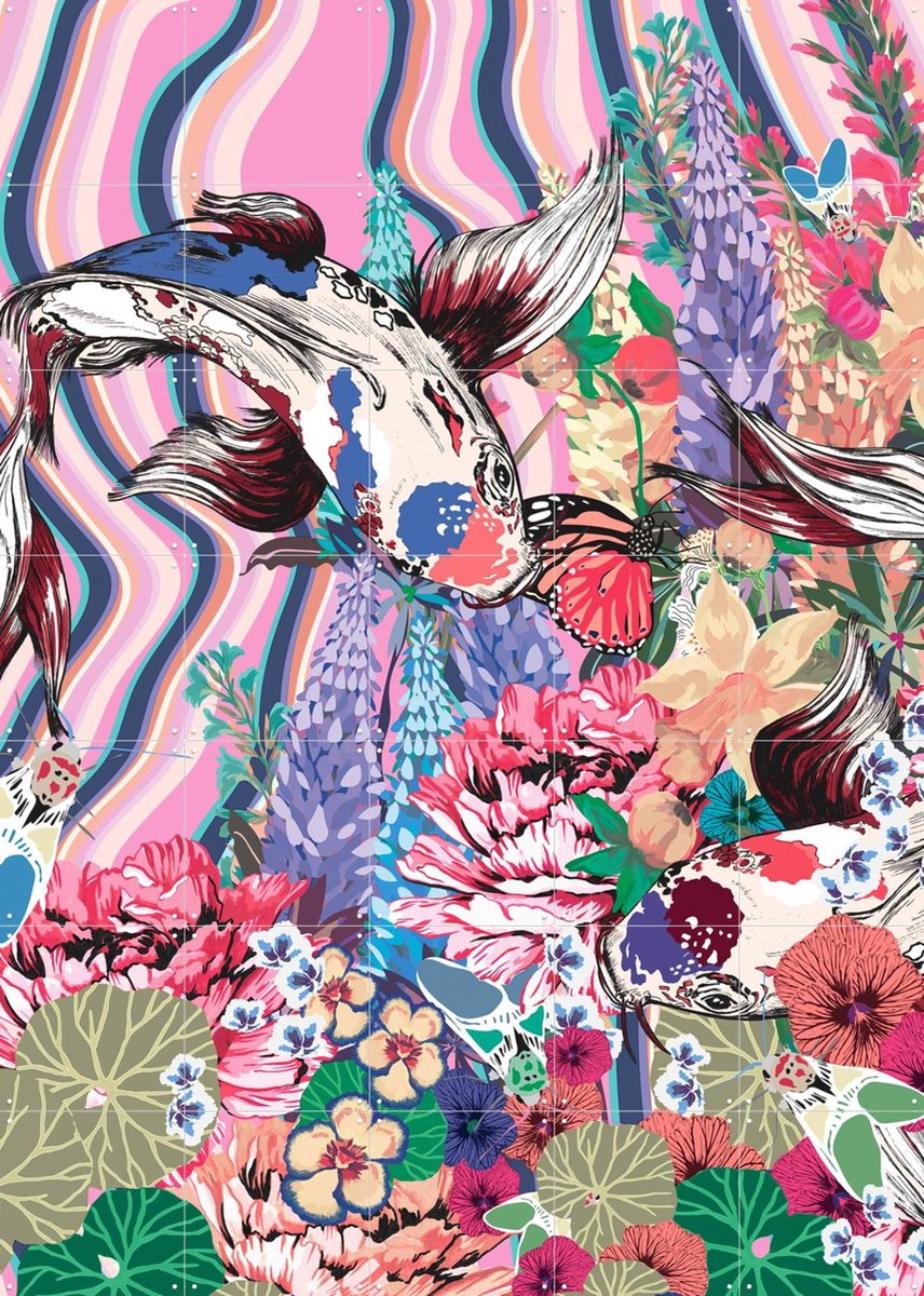 IXXI Koi Garden Pastel, Marylène Madou - 100 x 140 cm - Gratis ophangtool - Grote wanddecoratie en posters - Speels, Illustraties, Pop art