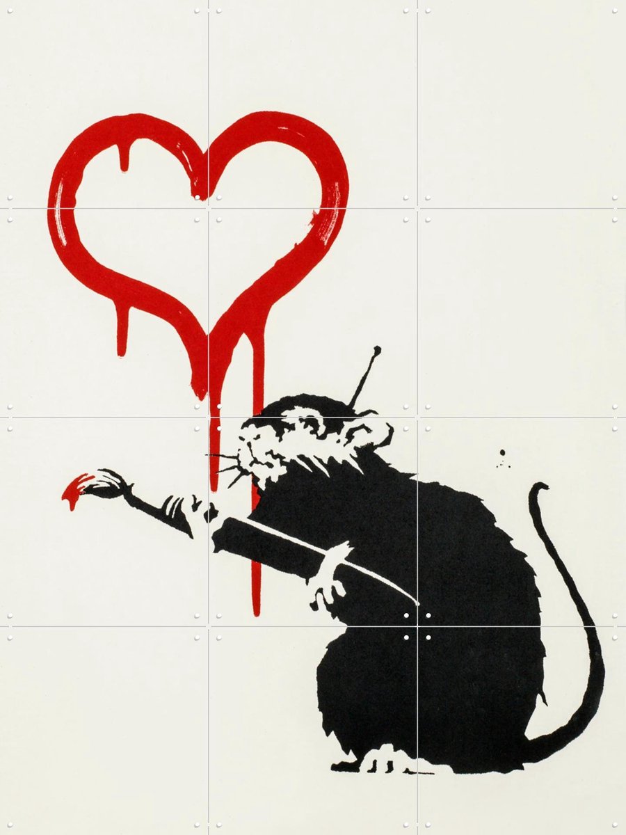 IXXI Love Rat, Banksy - 60 x 80 cm - Gratis ophangtool - Grote wanddecoratie en posters - Street art, Houtsnede, Pop art, Illustraties, Mancave