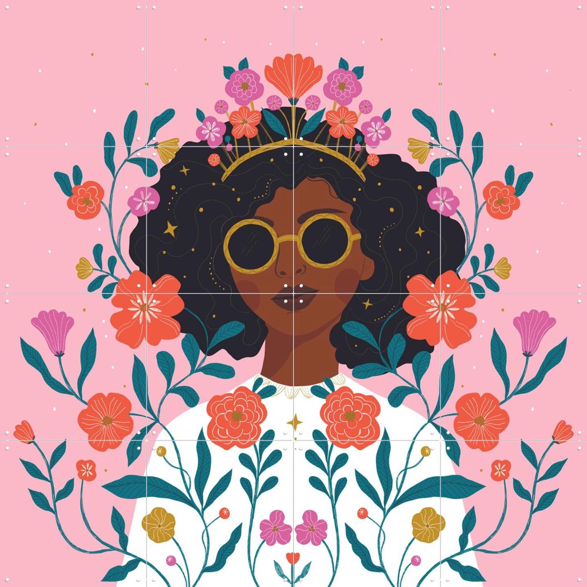 IXXI Flower Girl, Bethan Janine - 80 x 80 cm - Gratis ophangtool - Grote wanddecoratie en posters - Illustraties, Kleurrijk, Speels, Grafisch Ontwerp