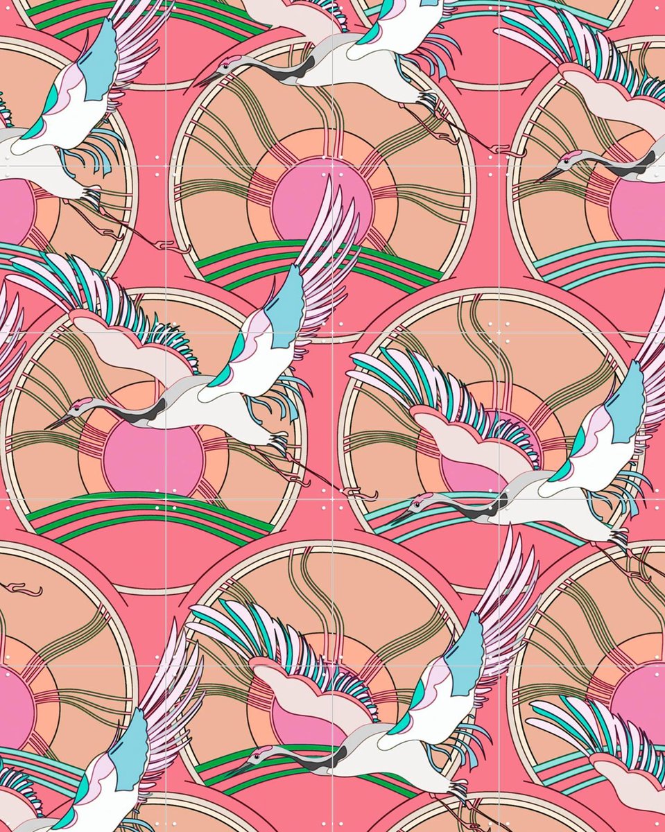 IXXI Crane Bird Pattern Pink, Marylène Madou - 80 x 100 cm - Gratis ophangtool - Grote wanddecoratie en posters - Speels, Art Nouveau, Illustraties