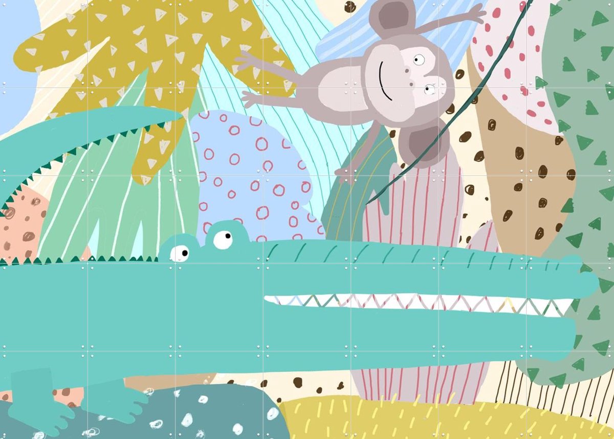 IXXI Funny Crocodile with Cheeky Monkey in Jungle, Carla Daly - 140 x 100 cm - Gratis ophangtool - Grote wanddecoratie en posters - Digitale Kunst