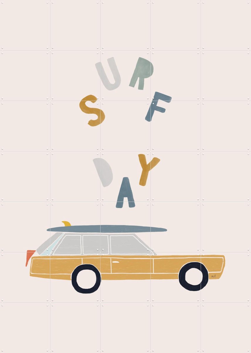 IXXI Surfing Retro Car, Menina Lisboa & Various - 100 x 140 cm - Gratis ophangtool - Grote wanddecoratie en posters - Retro, Speels, Illustraties