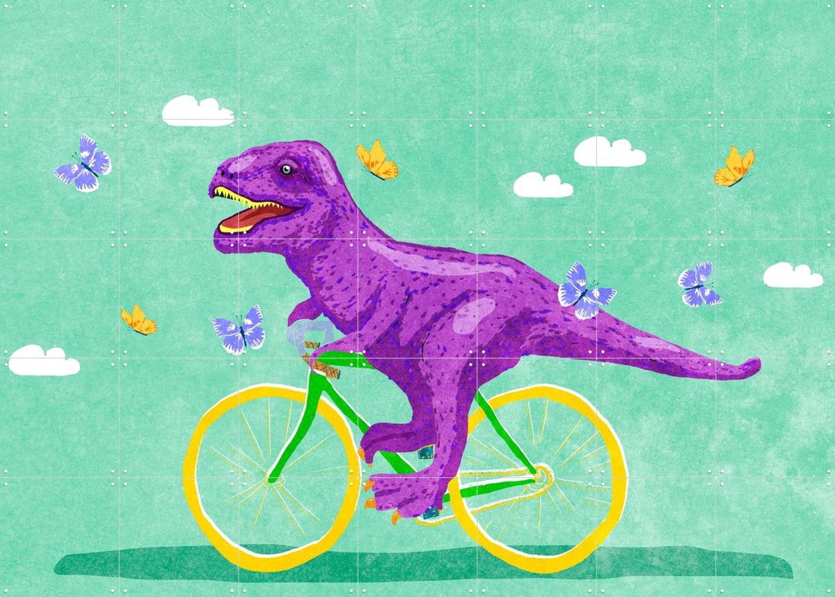 IXXI Dino Racer, Raissa Oltmanns - 140 x 100 cm - Gratis ophangtool - Grote wanddecoratie en posters - Cartoonesk, Digitale Kunst, Speels, Kleurrijk