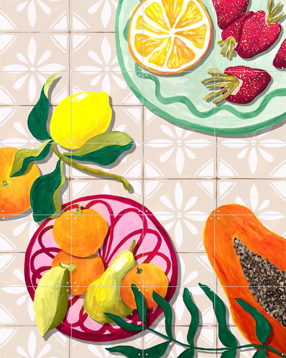 IXXI Fruta y Ceramica, Palmartprints - 80 x 100 cm - Gratis ophangtool - Grote wanddecoratie en posters - Illustraties, Kleurrijk, Speels, Woonkamer