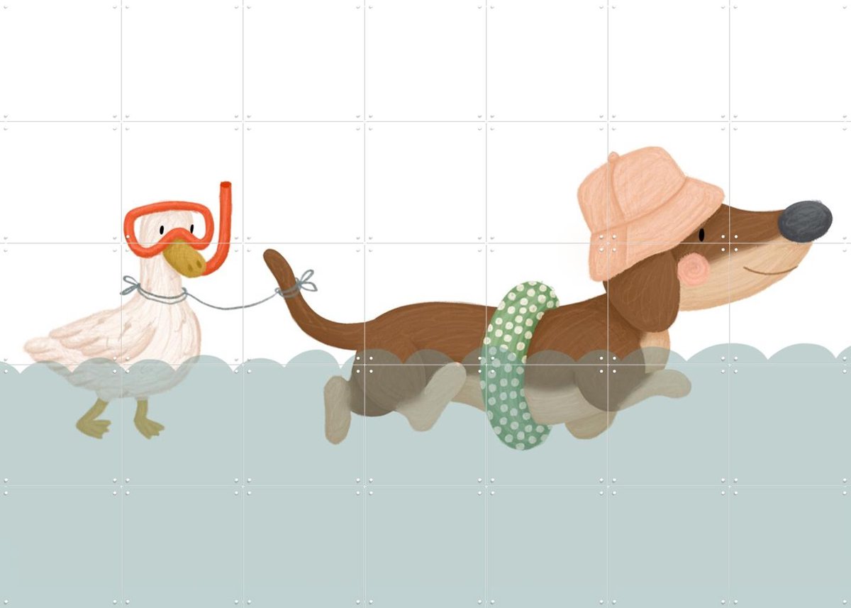 IXXI Swimming Dachshund, Studio Phie - 140 x 100 cm - Gratis ophangtool - Grote wanddecoratie en posters - Digitale Kunst, Illustraties, Speels