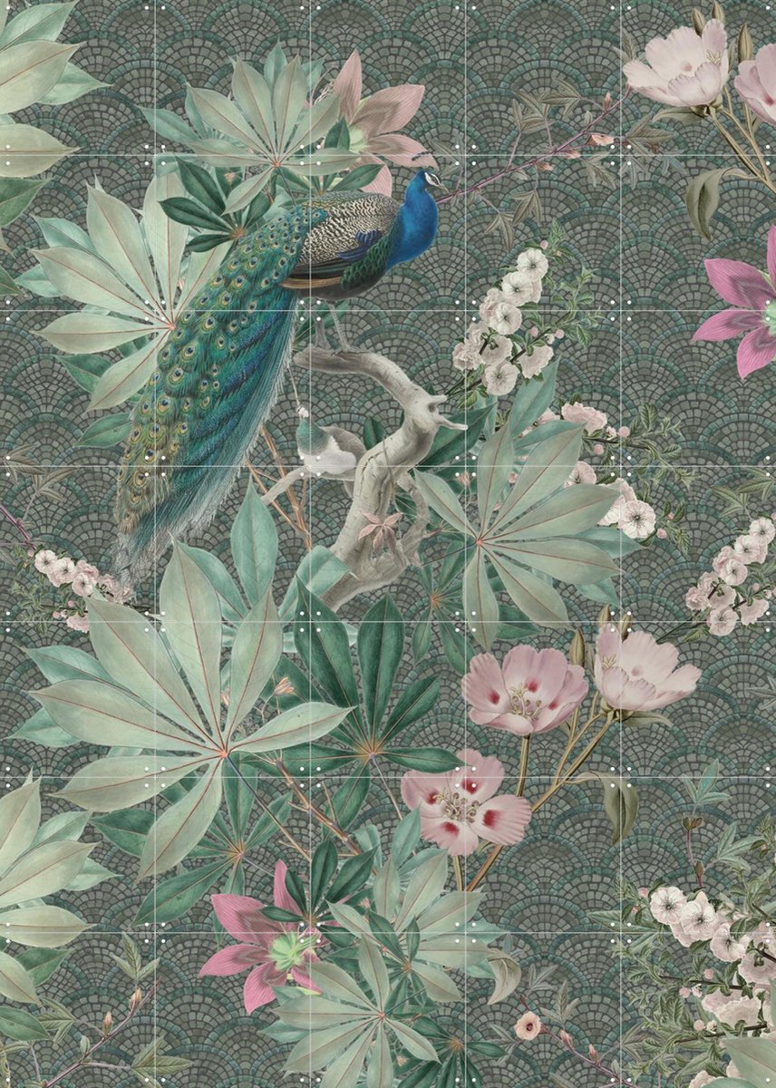 IXXI Botanical Garden Peacock, Bloomery Decor - 100 x 140 cm - Gratis ophangtool - Grote wanddecoratie en posters - Kleurrijk, Illustraties