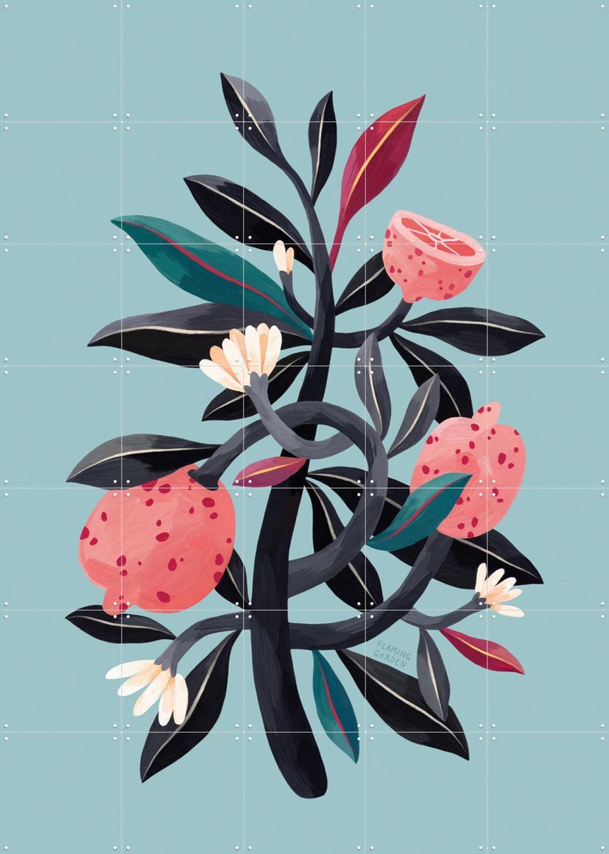 IXXI Lemon Tree, Flaming Garden - 100 x 140 cm - Gratis ophangtool - Grote wanddecoratie en posters - Digitale Kunst, Speels, Illustraties, Kleurrijk