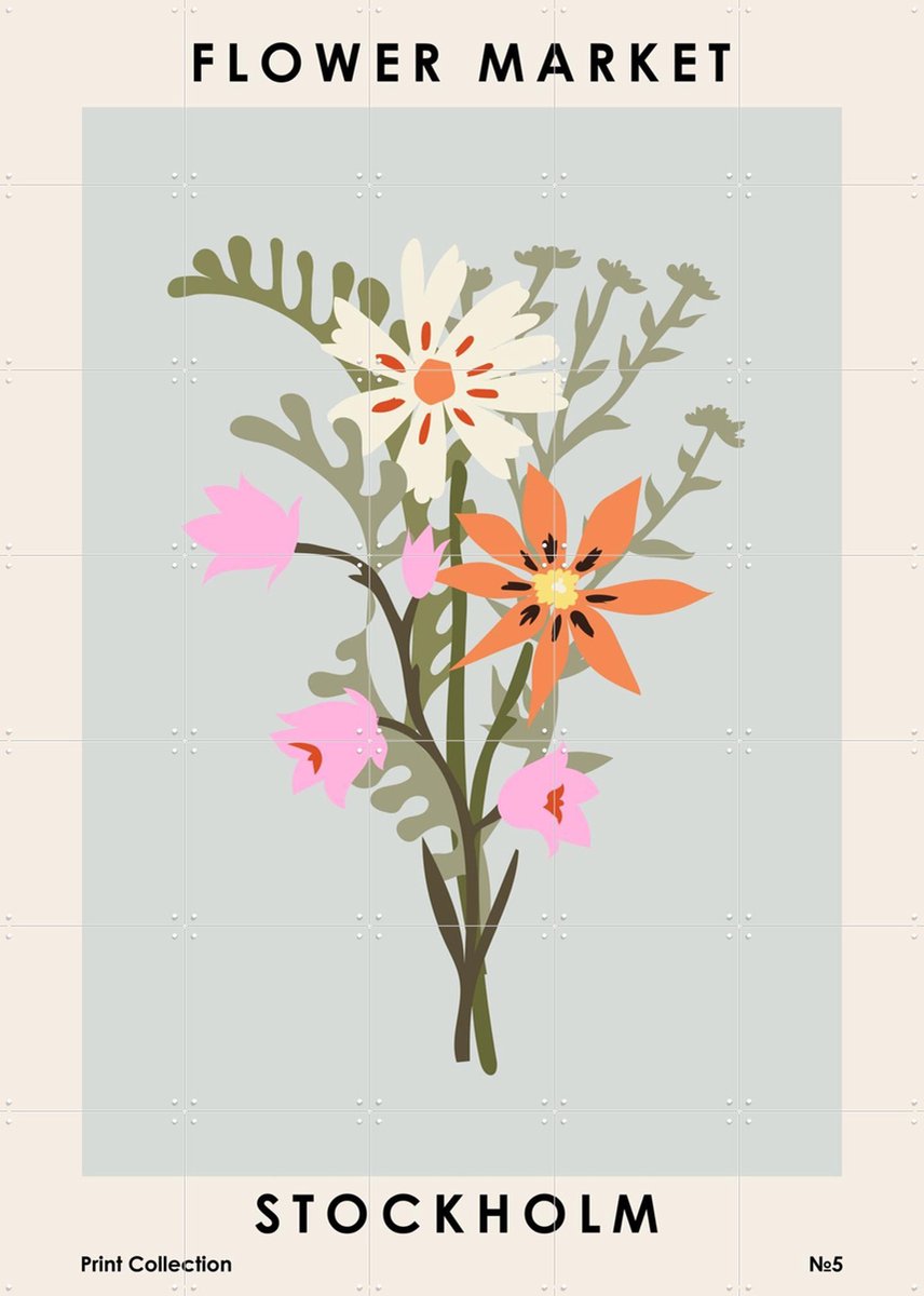 IXXI Flower Market Stockholm, NKTN & Various - 100 x 140 cm - Gratis ophangtool - Grote wanddecoratie en posters - Houtsnede, Vintage, Speels