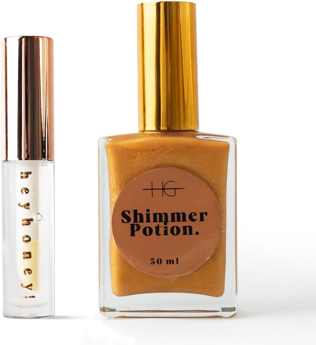HG AESTHETIC Summer Shine Set – HeyHoney Lip Oil 10 ml + Elixir Shine Dry Oil 50 ml – Hydraterende Duo voor Stralende Lippen & Huid (Gold Shine + Honey) - cadeautje vrouw