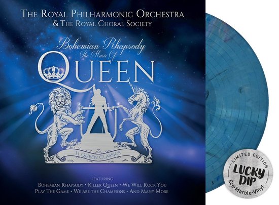 Limited edition 'lucky dip' eco-marble vinyl van 'Bohemian Rhapsody: The Music of Queen'. Het hoesje toont de titel met een kroon, leeuw en eenhoorn. Op de voorgrond de tekst "Featuring Bohemian Rhapsody, Killer Queen, We Will Rock You, Play The Game, We Are The Champions And Many More".