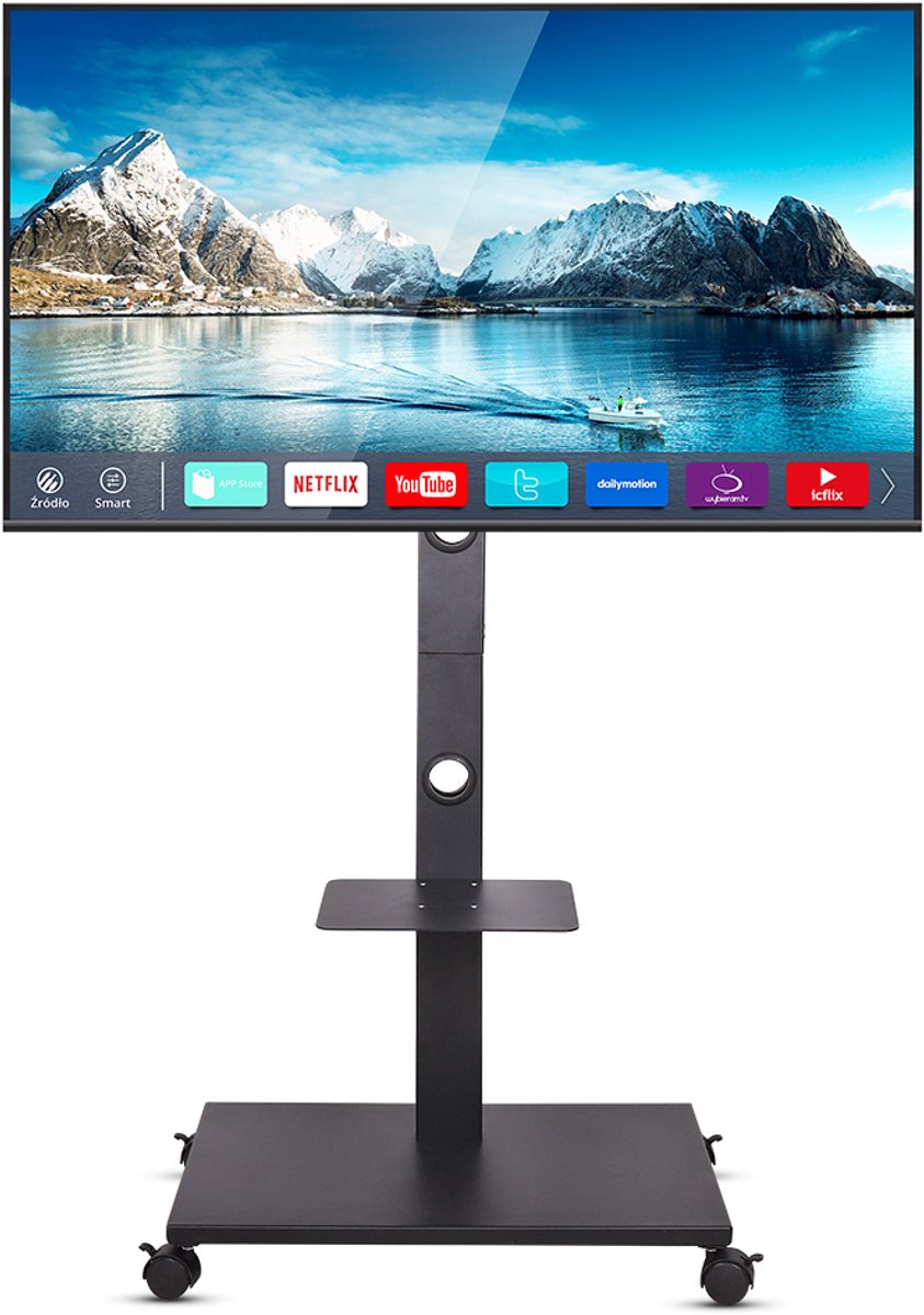 unho Rolling TV-standaard - Verrijdbare tv-wagen - voor 32“-65” LCD LED flatscreen-tv - Vloerstandaardbevestiging - In hoogte verstelbaar - VESA 600x400 mm