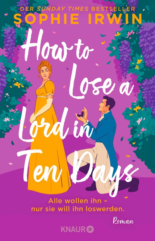 Boekcover: Man op één knie met ring, vrouw in gele jurk, titel 'How to Lose a Lord in Ten Days'.