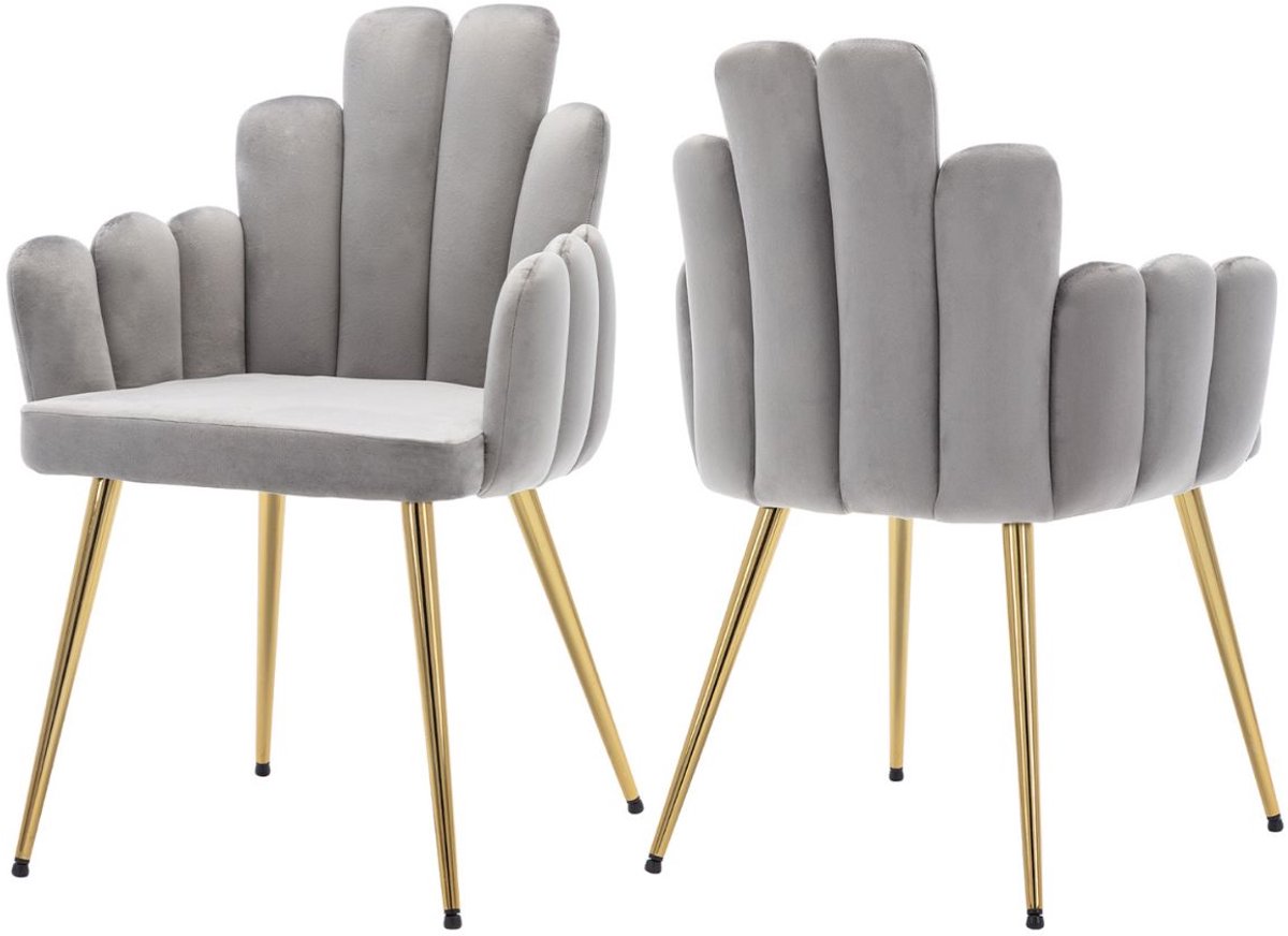 chairus Eetkamerstoel Set van 2 stoelen - Grijs - Velvet - Met Metalen Poten - Unieke Vinger Vormige Rugleuning - Inclusief Armleuning - Gewatteerde Zitting - Voor de Woonkamer en Keuken