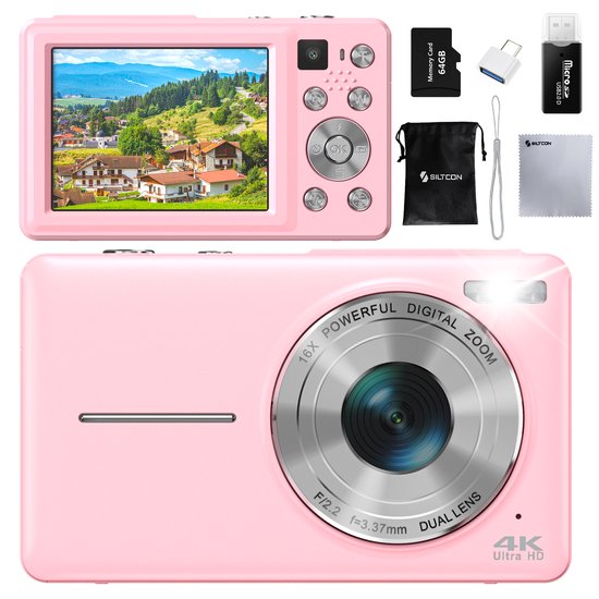 Siltcon® Digitale Camera - 4K Ultra HD & 64MP - Fotocamera - Mini Camera - Fototoestel - Vlog Camera voor Kinderen - Compact Camera - Foto & Video - Dual Lens - 16x Zoom - Incl. 64GB SD