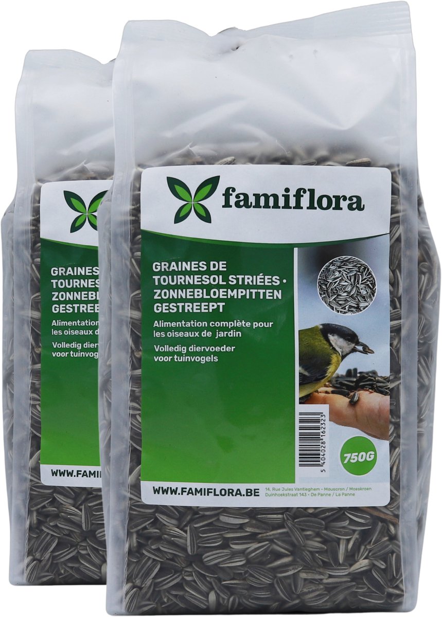 Famiflora Gestreepte Zonnebloempitten 1.5kg (2x 750g) - Klassiek Vogelvoer - Rijk aan Vetten - Ideaal voor Mezen & Vinken