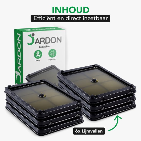 Een stapel van zes Jardon lijmval verpakkingen. De voorste is geopend en toont de lijmval met daarin insecten.