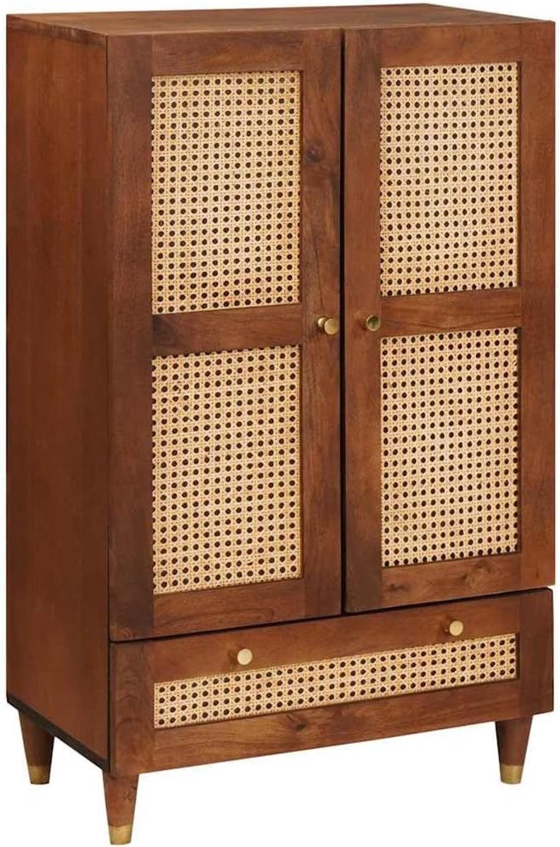 Dressoir 60 x 33,5 x 100 cm – Massief Mangohout & Rotan – Bruin – Modern Landelijk Highboard – Opbergkast voor Woonkamer & Eetkamer – Abkantoor
