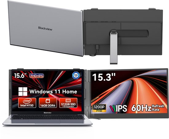 Blackview Hibook6-N150 Laptop (16G+512G) + SCM8 15,3" Draagbare Monitor Set, Kantoor & Creatie Accessoires (Laptop Tas/Muis/Toetsenbordstickers, Grijs)