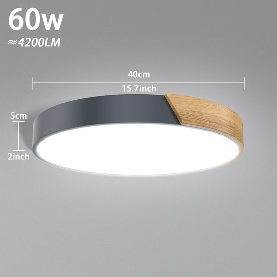 Grijze plafondlamp, 40cm breed, 5cm hoog, met houten accent en 60W (4200LM).