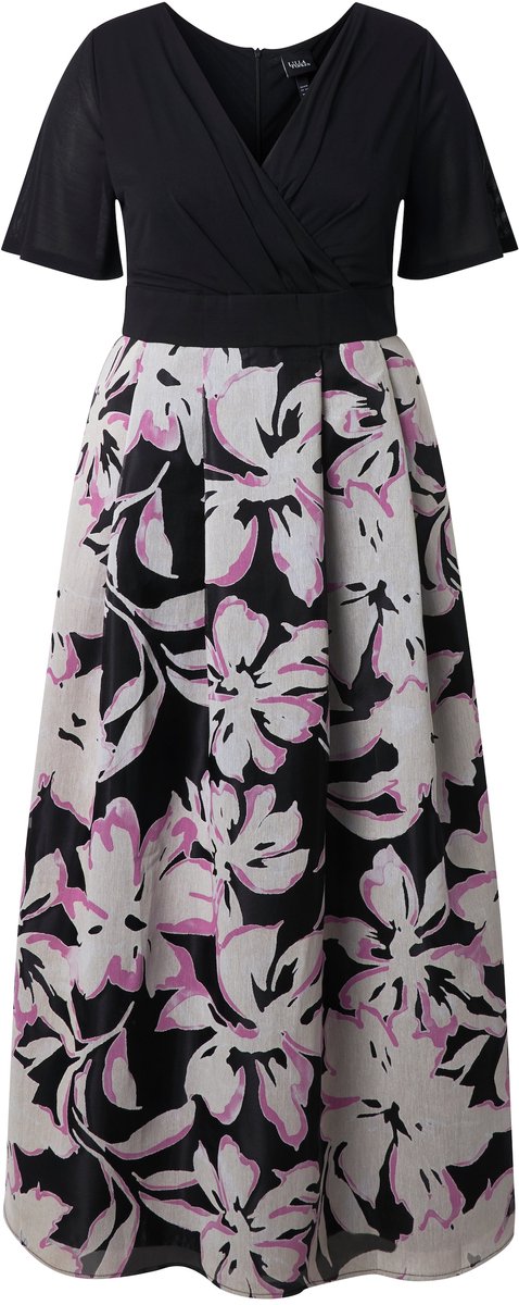 Ulla Popken Dames - Maxi-jurk ausbrenner V-hals korte mouwen - Zwart - Maat 46+