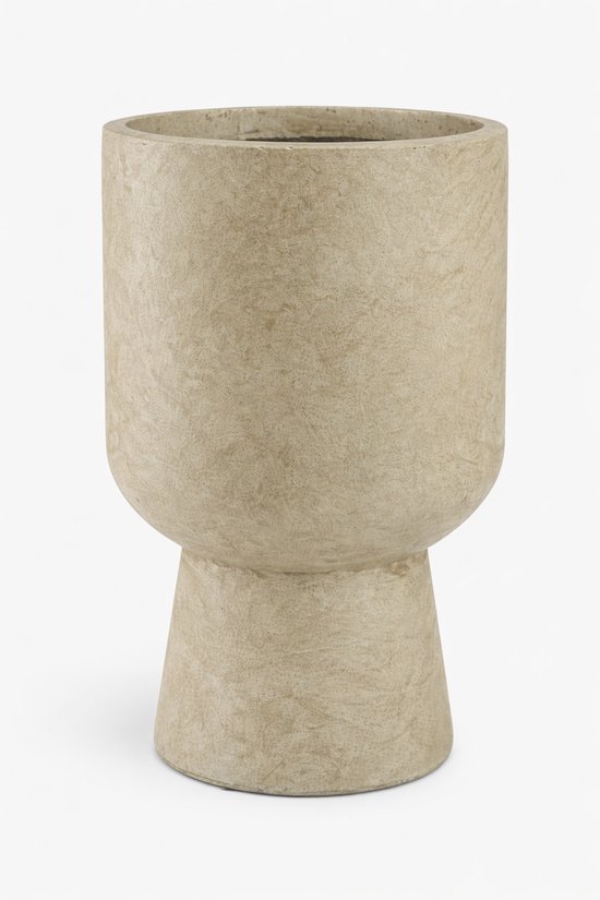 Ronde, beige vezelklei bloempot met een verhoogd voetstuk.
