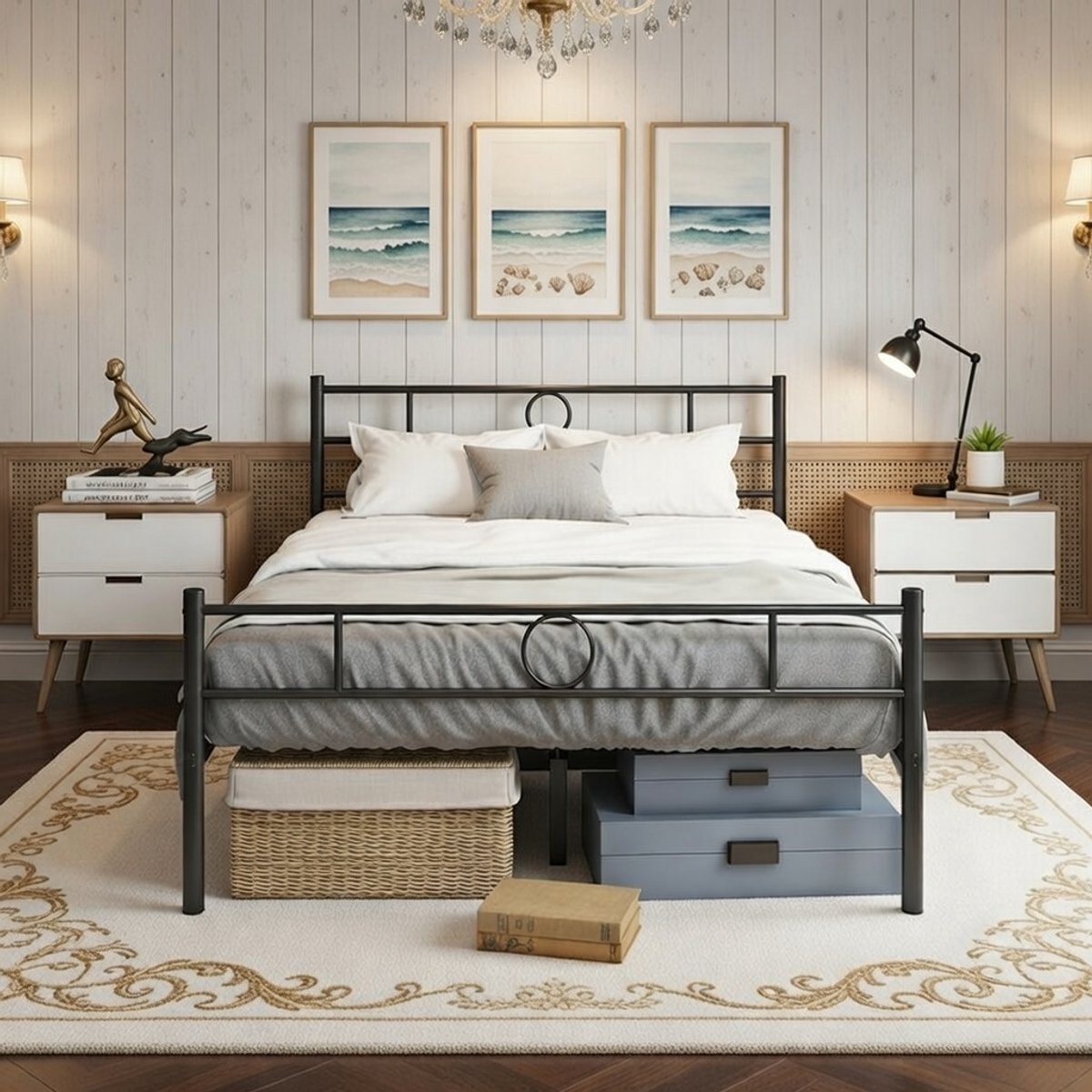 Modern Metalen Bedframe 140x200 cm - Stabiel Jeugdbed / Logeerbed met lattenbodem, zwart, met opbergruimte - Stevig Slaapbed Voor Kinderen en Tieners Casa Serena