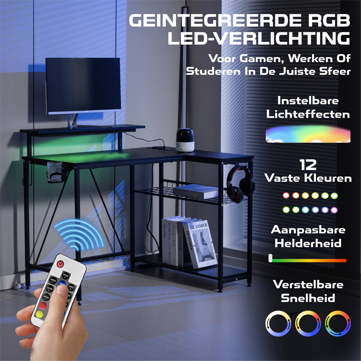 ADSafety L-Vormig Hoekbureau - 107x80x76 cm - Game Bureau met LED verlichting - Zwart Carbon - Gaming Bureau - Bureautafel - Computertafel thumbnail 6