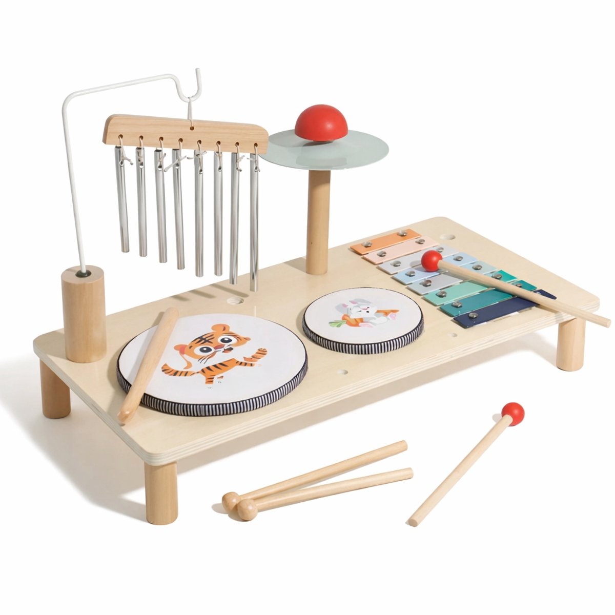 Montessori Muziektafel voor peuters met Xylofoon & Windgong – Houten Drumstel voor Peuters – Educatief Muziekspeelgoed met 2 Trommels & Cymbaal – Duurzaam Cadeau voor Sinterklaas & Kerst