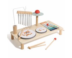 Montessori Muziektafel voor peuters met Xylofoon & Windgong – Houten Drumstel voor Peuters – Educatief Muziekspeelgoed met 2 Trommels & Cymbaal – Duurzaam Cadeau voor Sinterklaas & Kerst
