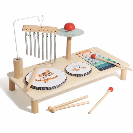 Montessori Muziektafel met Xylofoon & Windgong – Houten Drumstel voor Peuters – Educatief Muziekspeelgoed met 2 Trommels & Cymbaal – Duurzaam Cadeau voor Sinterklaas & Kerst