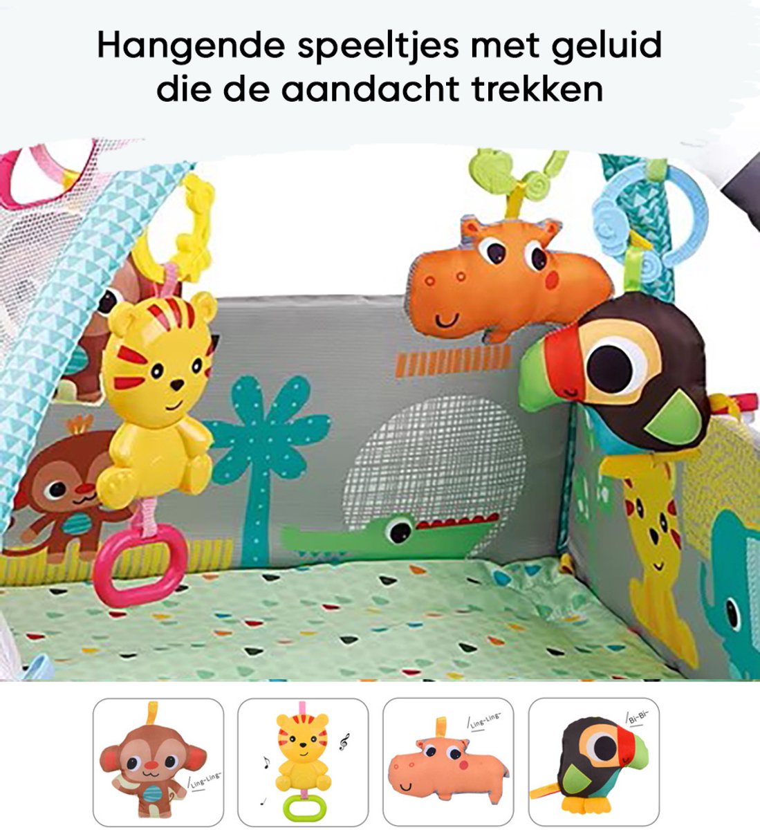 Multifunctioneel Speelkleed Baby + Buikligtrainer - Babygym met AANPASBARE WANDEN - Speelmat met Boog - Incl. 20 Ballen + 5 Speeltjes - Vanaf 0m+ — afbeelding 4