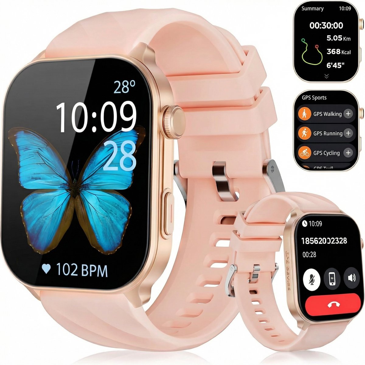 Synyq Axis GPS Smartwatch Dames en Heren - GPS 5 satellieten - Waterdicht - Belfunctie - Stappenteller - Hartslagmeter - Slaapmonitor - Multisport - Geschikt voor Android en iOS - Rose