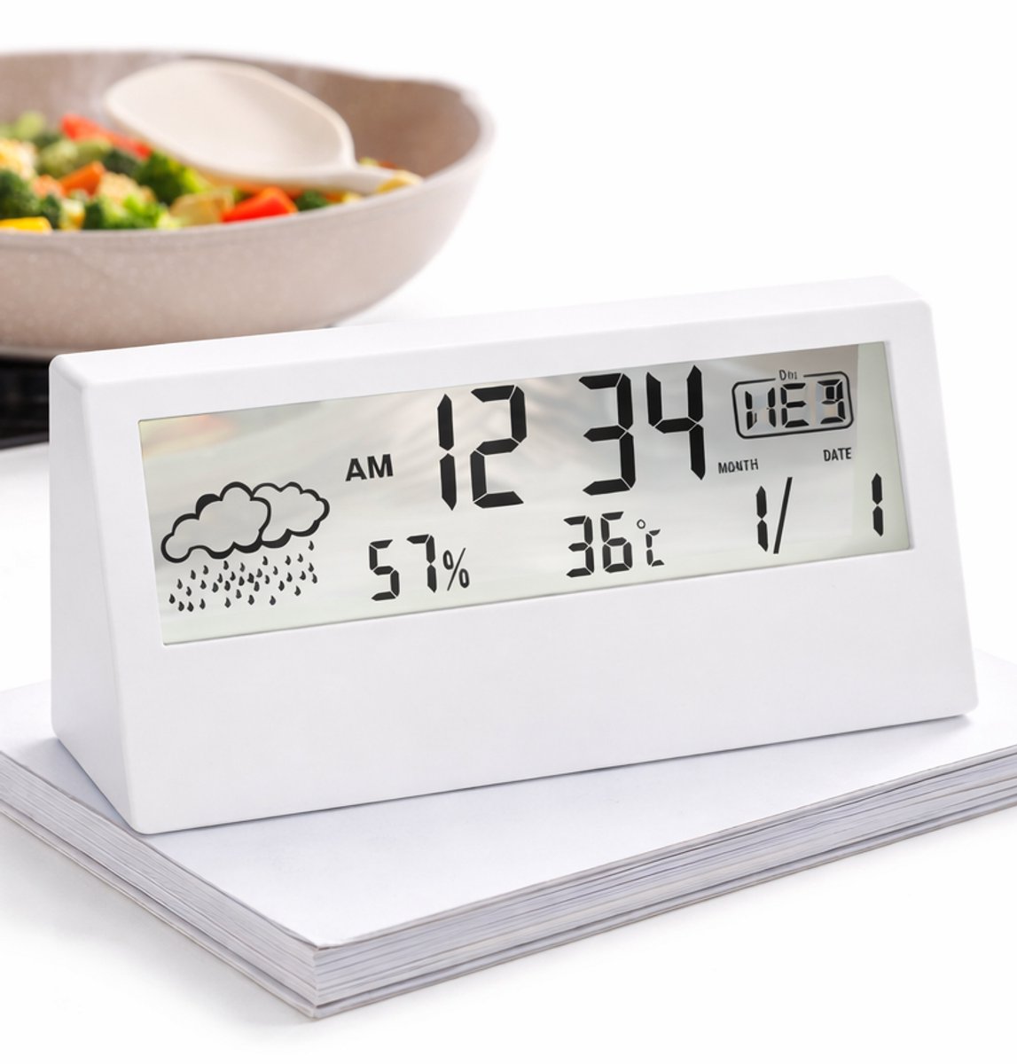 Digitale Bureauklok met Weerstation – LCD Wekker met Thermometer & Hygrometer – Binnen Weerbericht – Batterijgevoed – Wit