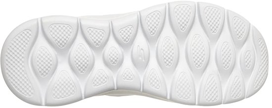 Onderkant van een witte Skechers GO WALK FLEX sneaker met kenmerkend golfpatroon op de zool.