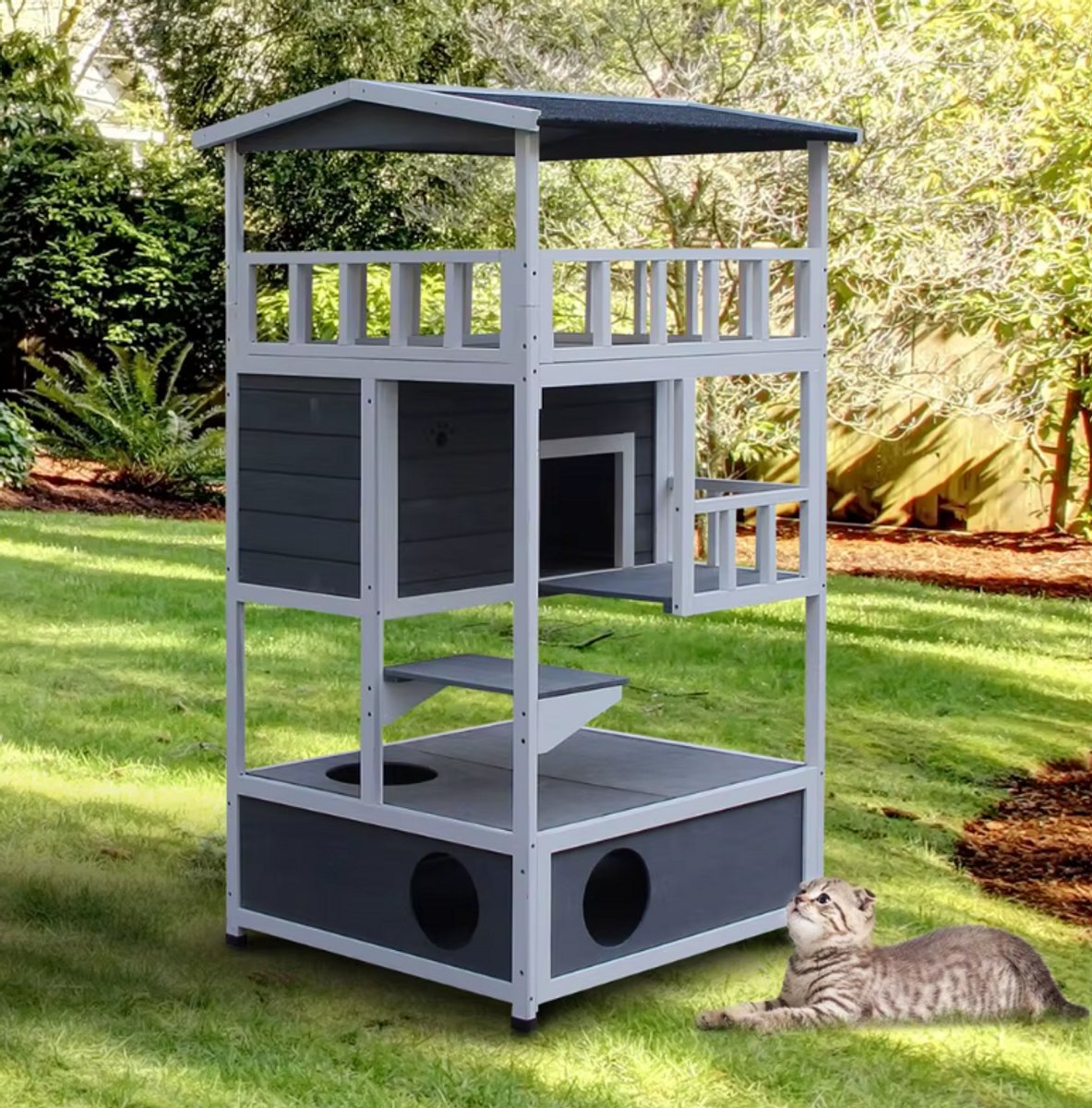 Kattenhuis Hout Binnen en Buiten – 3 Etages – Weerbestendig met Asfaltdak – Verhoogde Poten & Ventilatie