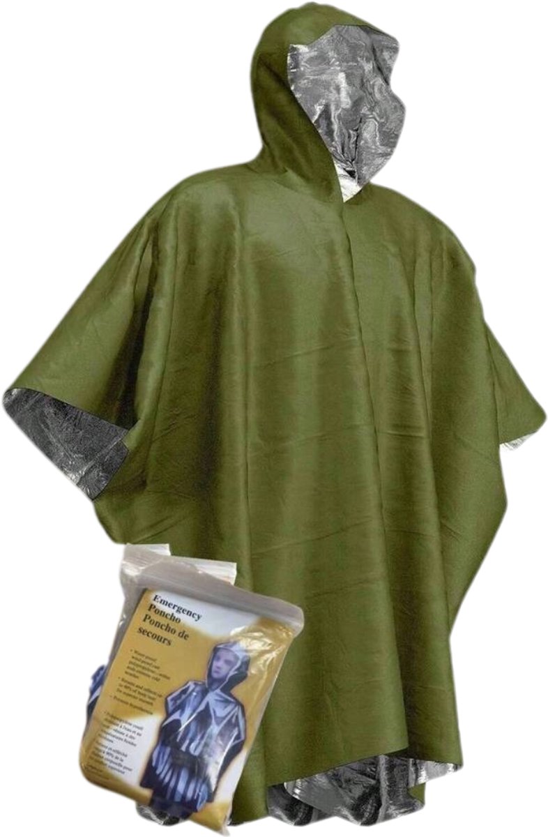 Chipa - Survival Regenponcho Groen – Winddichte Noodponcho met Isolerende Warmtedeken – Compact & Lichtgewicht – Outdoor & EHBO - Survival Poncho - Noodpakket - Herbruikbaar - Regenjas met capuchon - Fietsponcho