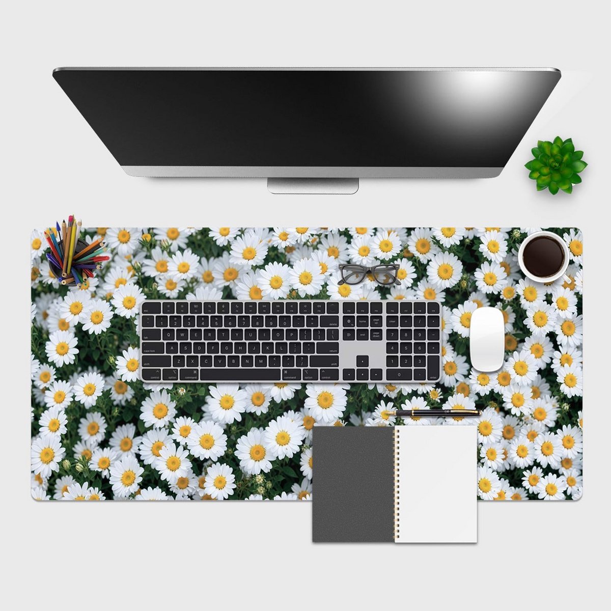 Groot Bureau Onderlegger 90x40 cm - Tafelmat met Madeliefjes Print - Antislip & Krasbestendig