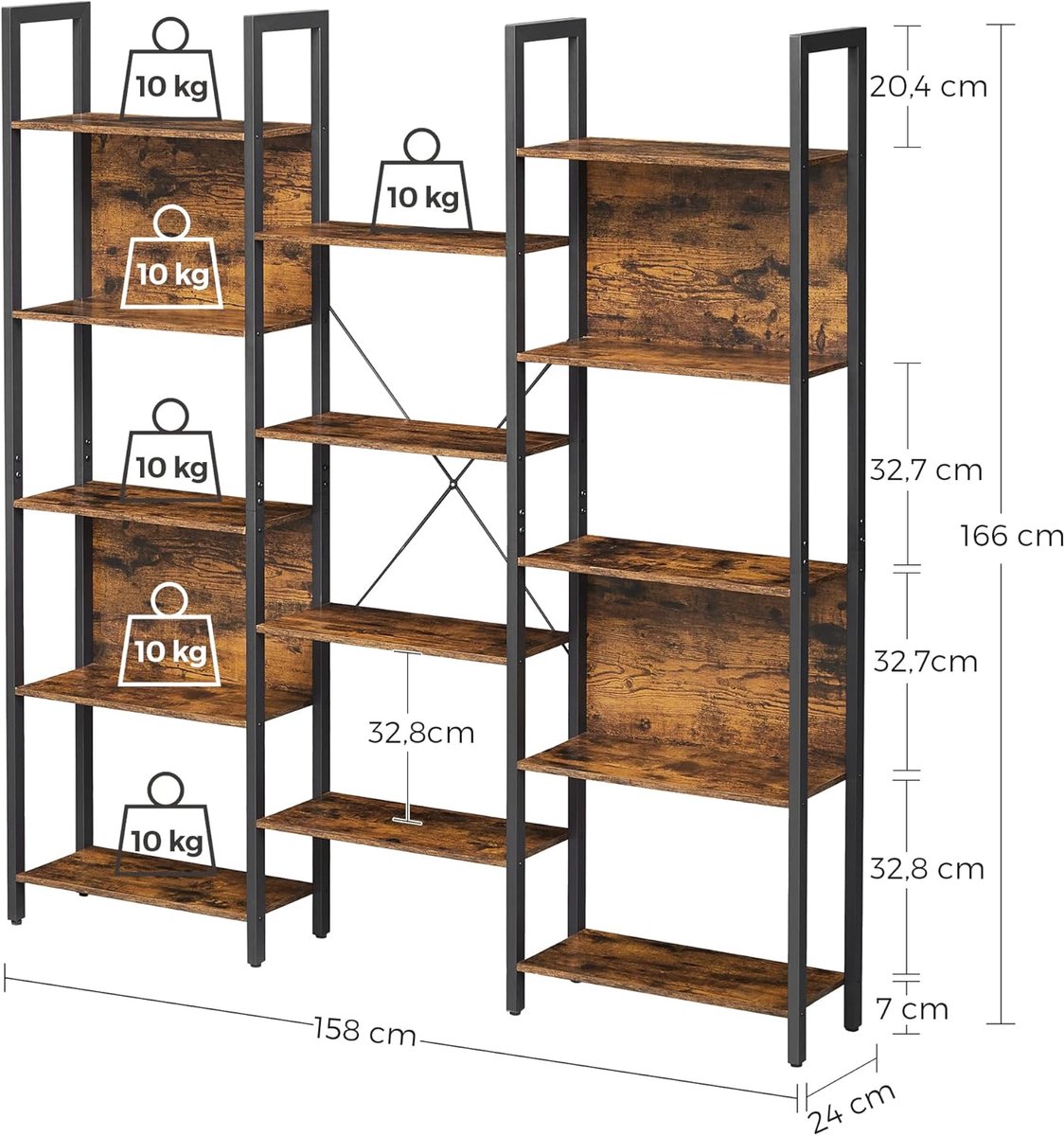 Boekenkast Casa Velluto 14 Planken – Industrieel Vrijstaande Ladderboekenkast voor Woonkamer, Kantoor en Studeerkamer – Vintage Bruin & Zwart Metaal – 24 x 158 x 166 cm – Stabiel, Verstelbare Poten en Anti-tip