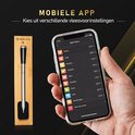 Mobiele app toont verschillende voorgeprogrammeerde vleessoorten met temperaturen, naast de thermometer in houten houder.