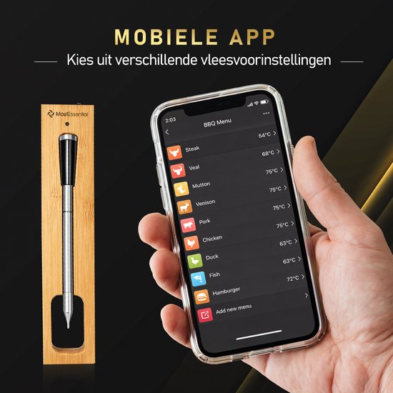 Mobiele app toont verschillende voorgeprogrammeerde vleessoorten met temperaturen, naast de thermometer in houten houder.