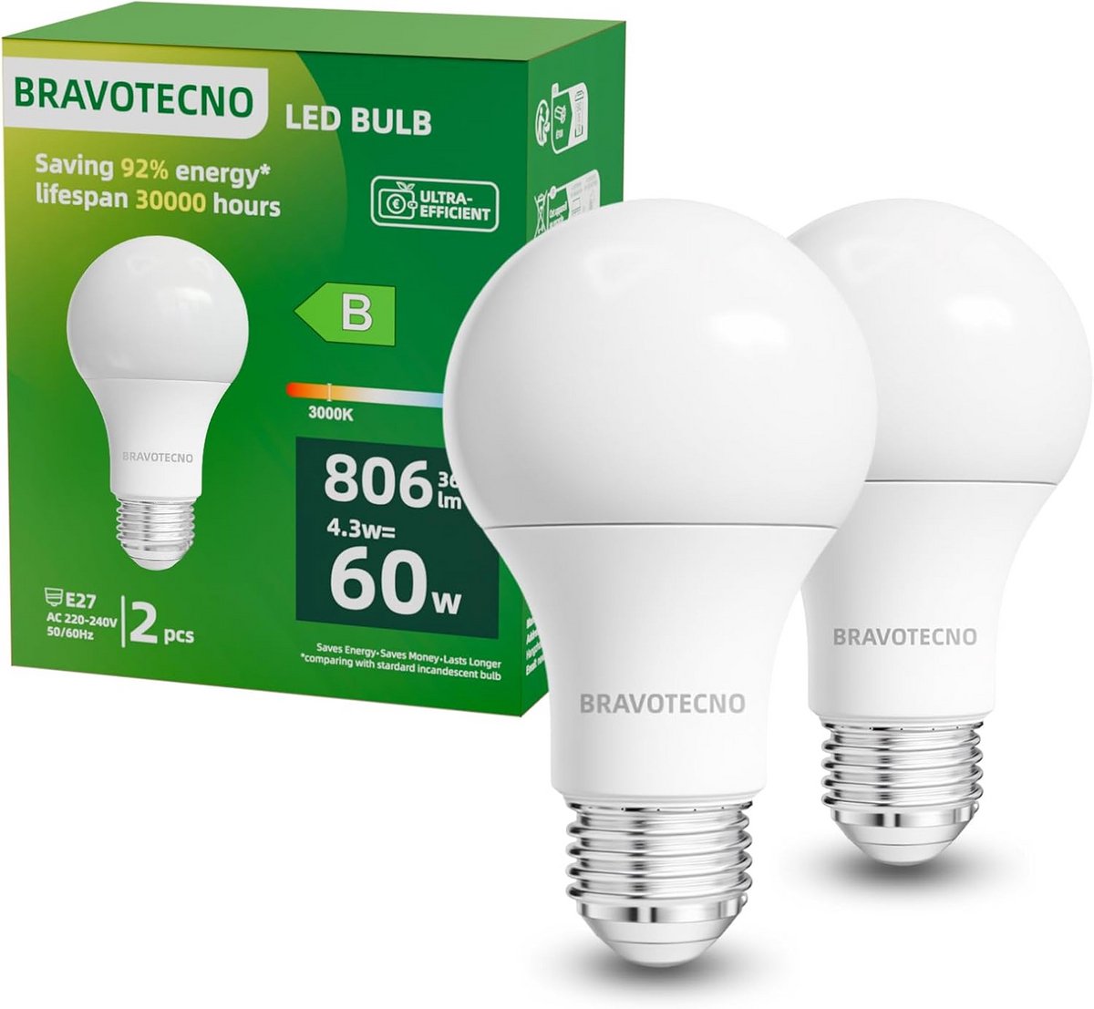 E27 LED Lamp 806 Lumen Warmwit 3000K - Vervanger 60W Gloeilamp - Energieklasse B - 2 Stuks