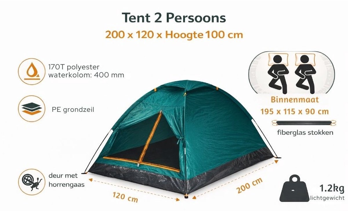 Tent Monodome 2 Persoons – 200 x 120 x 100 cm – Lichtgewicht Festival Koepeltent – Budget-1.2 kg – foto 6