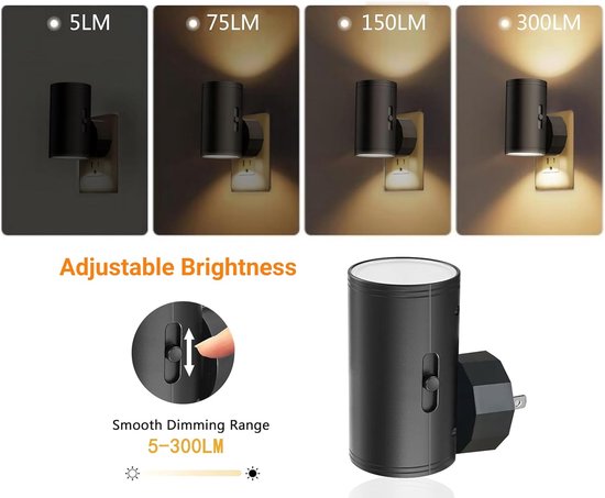 Ynkkvre -Nachtlampje Stopcontact - 2 stuks LED-nachtlampjes met stekker - Nachtlampjes met stekker, schemersensor - 5-300 lm, instelbare helderheid - 2700K - Dimbare nachtlampjes voor keuken, hal, slaapkamer en trap - Zwart van Ynkkvre — afbeelding 3