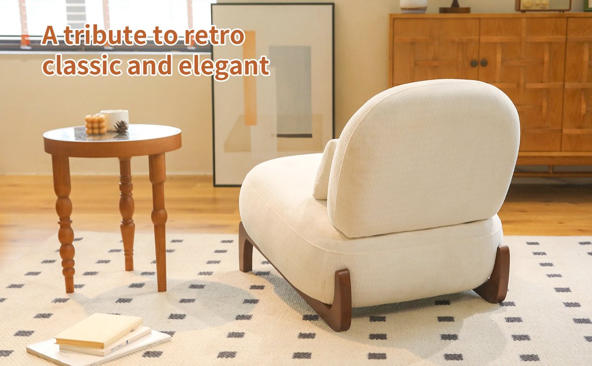 Schattige accentstoel met massief houten poten, fluwelen woonkamerstoel met zachte kussens, knusse slaapkamerstoel, comfortabele armloze leesstoel voor appartement, wachtruimte, balkon-wit