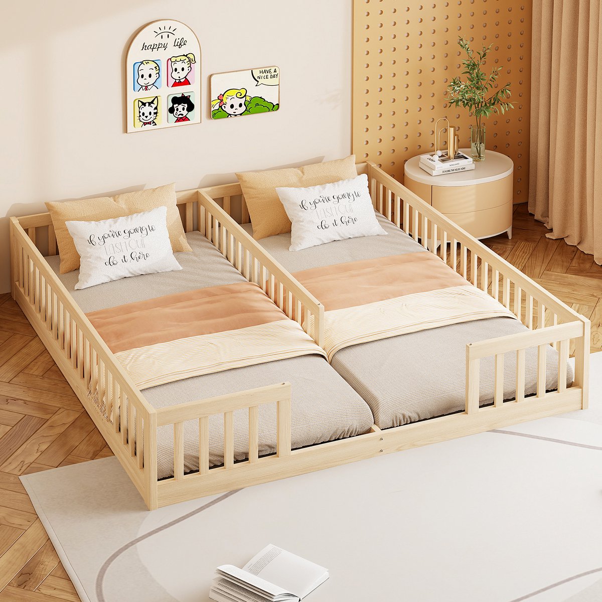 HAUSS SPOLE Kinderbed 90x200cm - Vloerbed Met Veiligheidshek En Lattenbodem - Twee Slaapplaatsen - Zonder Matras - Grenen - Naturel Natuurlijk
